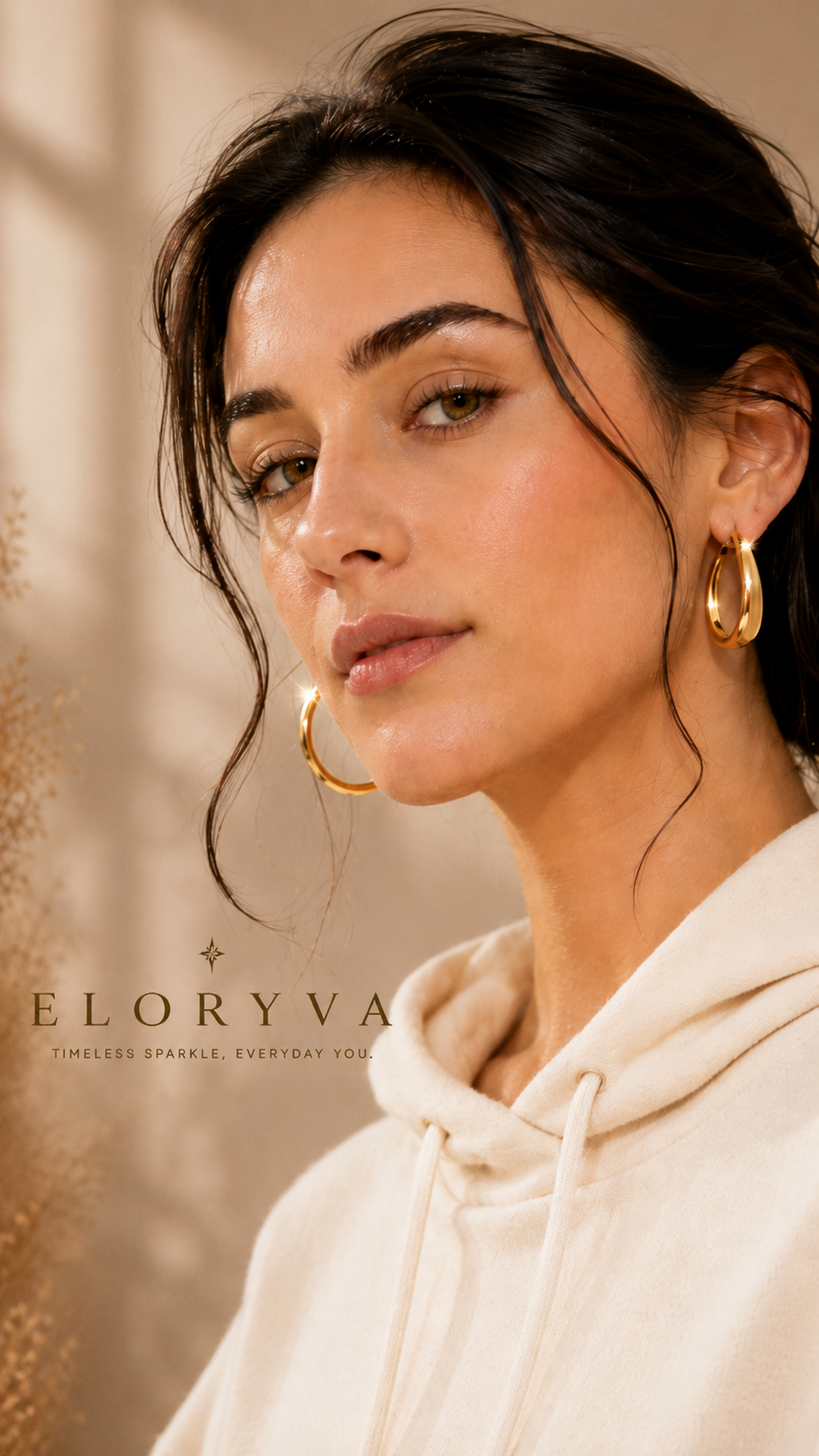 Eloryva Sutton Round Moissanite Bridal Set for Women mobile banner with elegant model and luxury beige styling