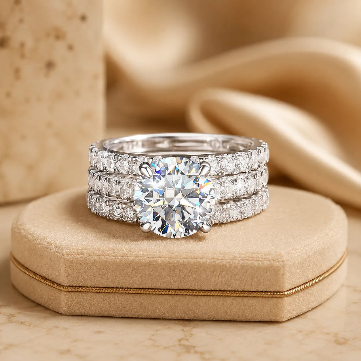 Sutton™ Round Moissanite Bridal Set featuring a brilliant solitaire engagement ring paired with sparkling pavé wedding bands.
