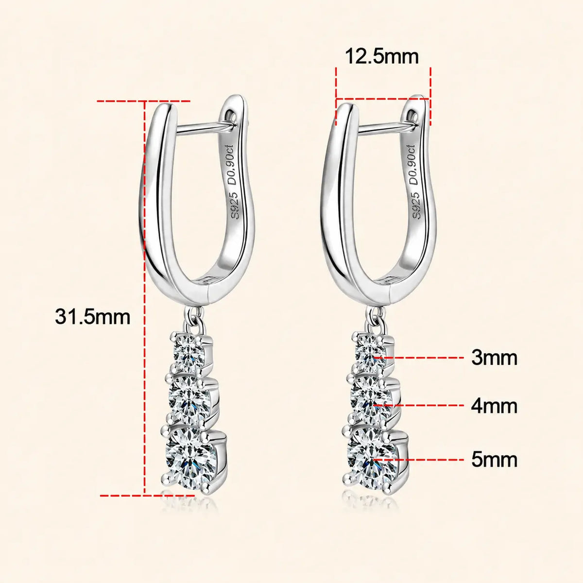 Size guide for sterling silver huggie drop earrings measuring 31.5 mm long with graduated 3 mm, 4 mm and 5 mm round stones.