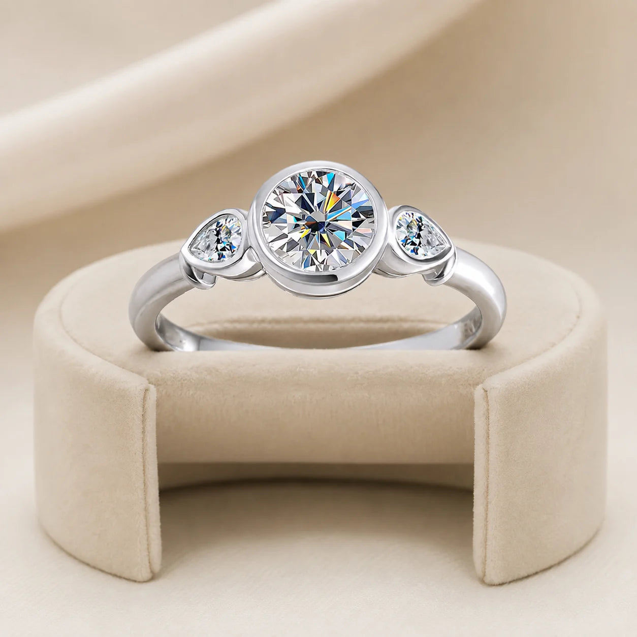 Front view of a three-stone round moissanite ring with a brilliant bezel-set center stone and two delicate side stones.