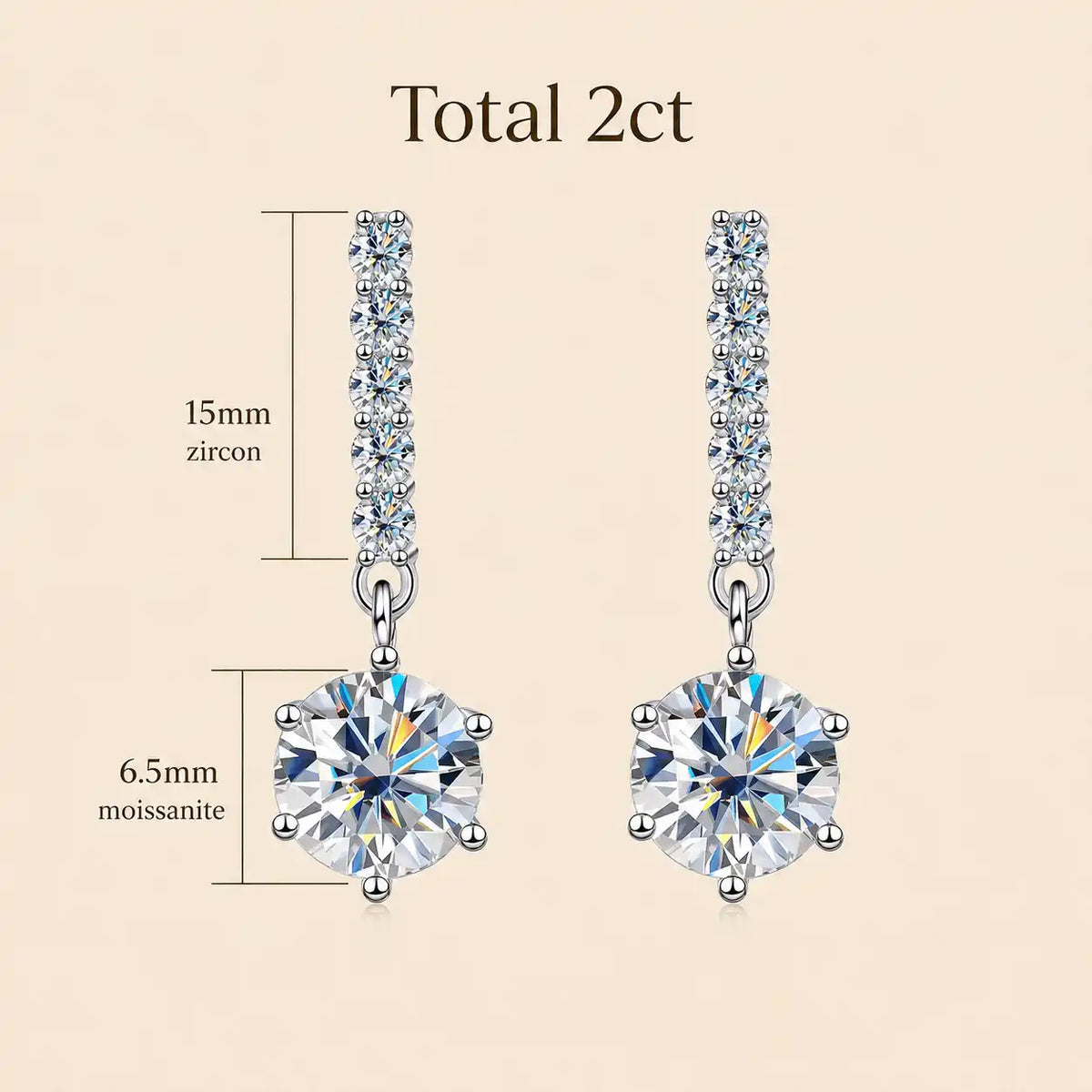Size guide for Valenne™ 2CT Moissanite Drop Stud Earrings showing a 15 mm drop bar and a 6.5 mm round moissanite stone.