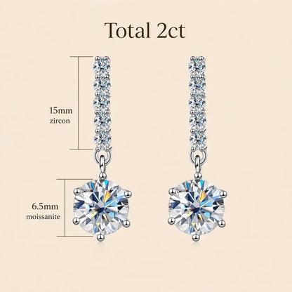 Size guide for Valenne™ 2CT Moissanite Drop Stud Earrings showing a 15 mm drop bar and a 6.5 mm round moissanite stone.