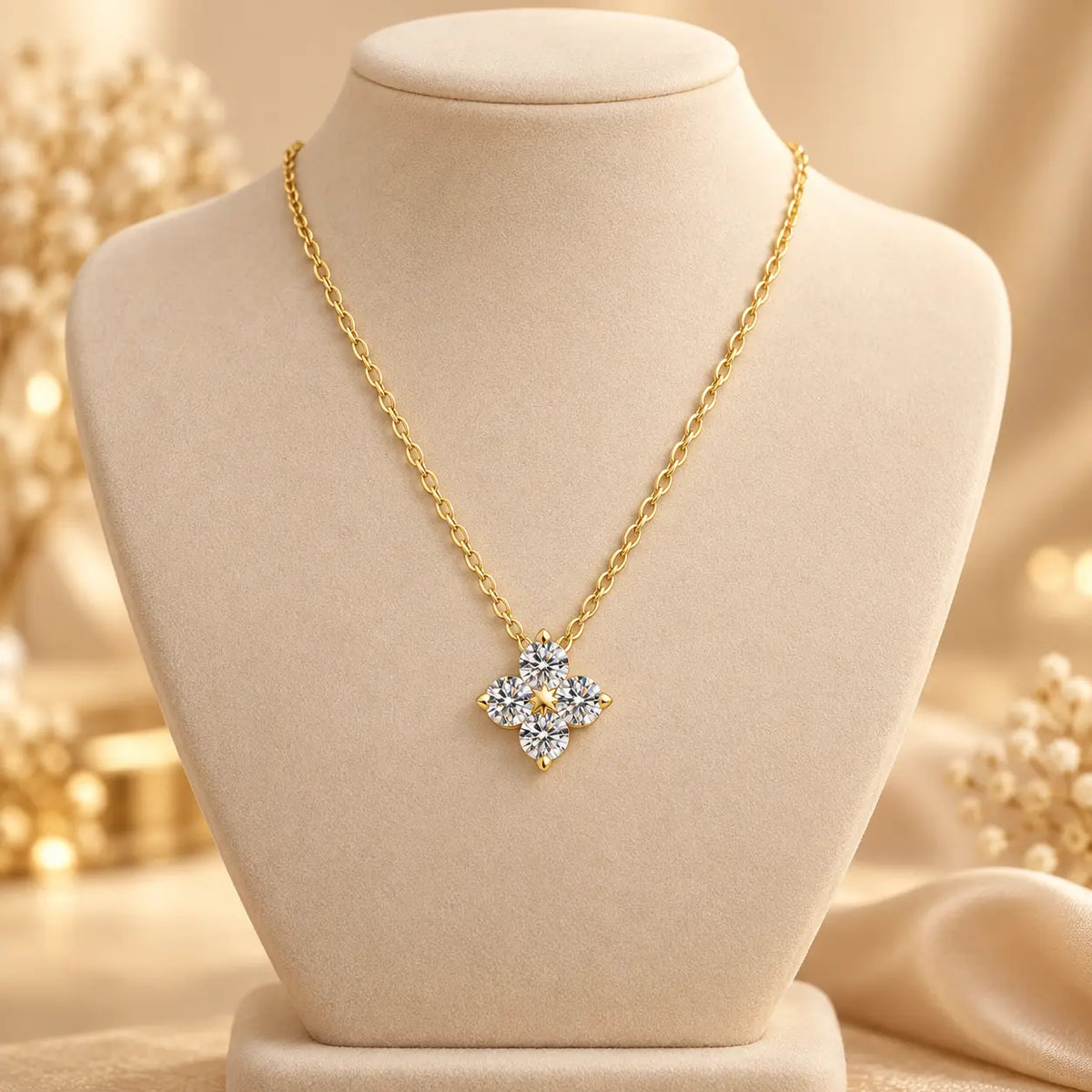 Gold tone clover pendant necklace with a delicate chain on a beige display