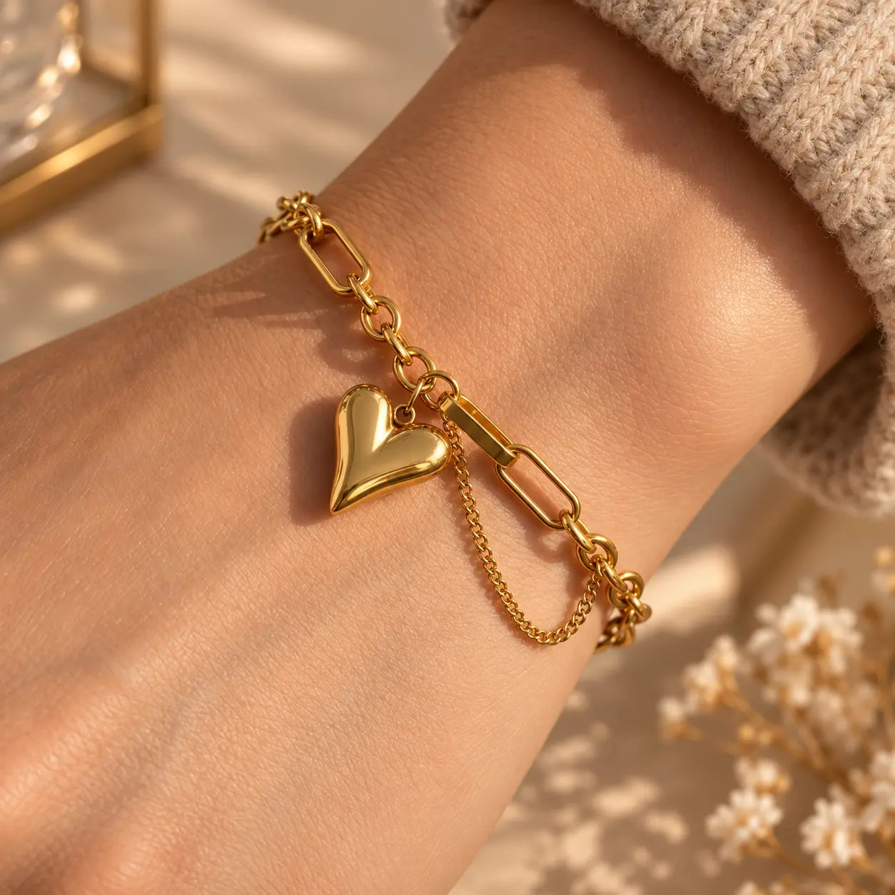 Woman wearing a gold tone heart charm link bracelet on her wrist