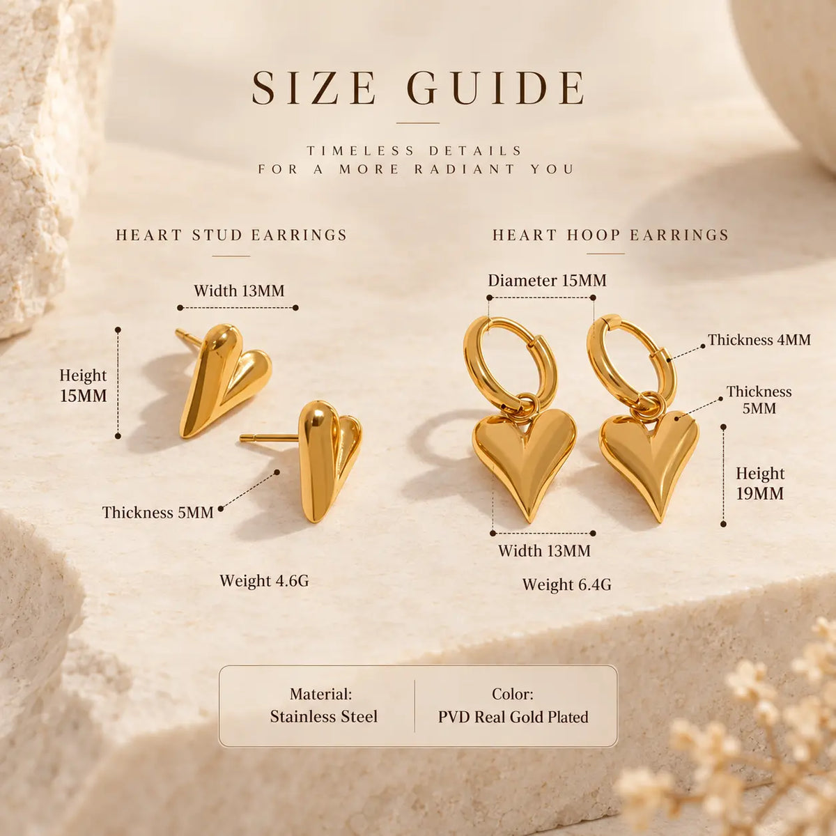Hand holding gold heart stud and hoop earrings showing both matching styles