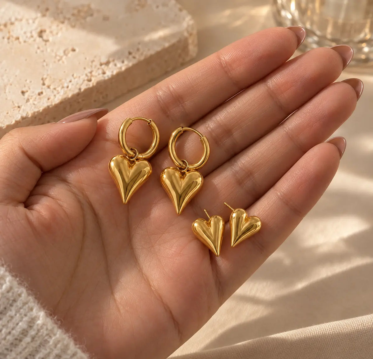 Size guide for gold heart stud earrings and heart hoop earrings