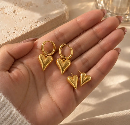 Size guide for gold heart stud earrings and heart hoop earrings