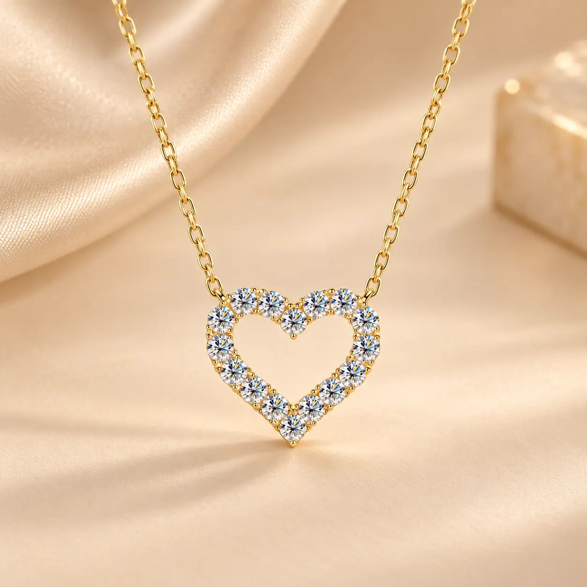 Gold tone heart moissanite pendant necklace with a delicate matching chain