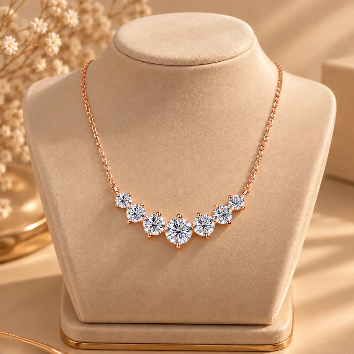 Gold tone moissanite statement necklace with graduated stones on a jewelry display