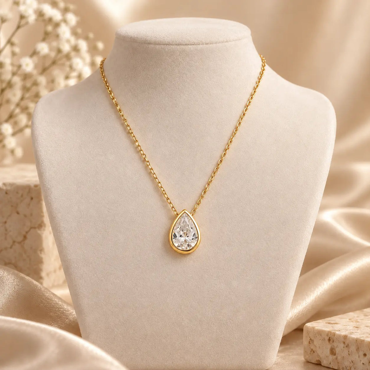 Gold tone pear cut moissanite necklace with a delicate chain on a neutral display