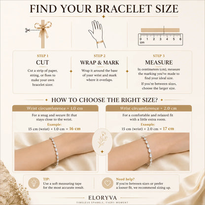 Eloryva bracelet size guide for women showing how to measure wrist circumference and choose the right bracelet size.