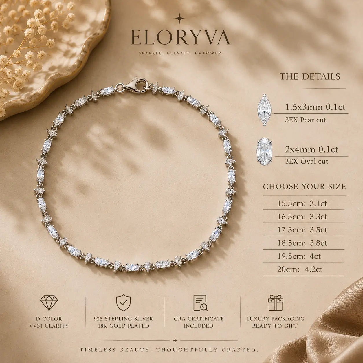 Eloryva mixed-cut moissanite tennis bracelet size and stone guide for women with bracelet length options and product details.