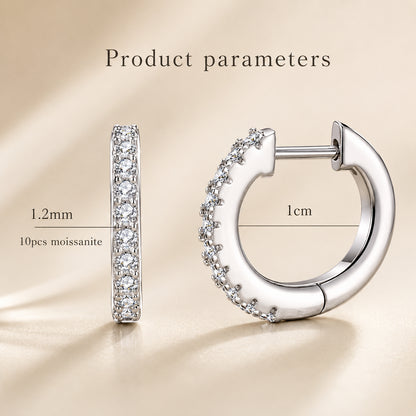 Moissanite hoop earrings product parameters showing 1.2mm stones, 1cm hoop size, and 10 pieces moissanite design.