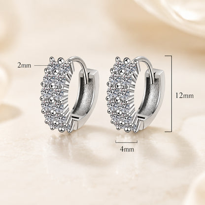 925 sterling silver moissanite hoop earrings showing 12mm height, 4mm width, and 2mm thickness.