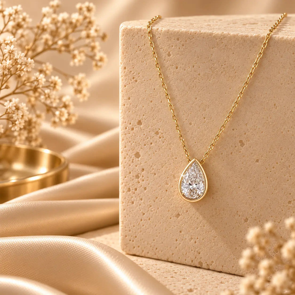 Pear shaped moissanite pendant necklace in a gold tone setting displayed on a warm jewelry stand
