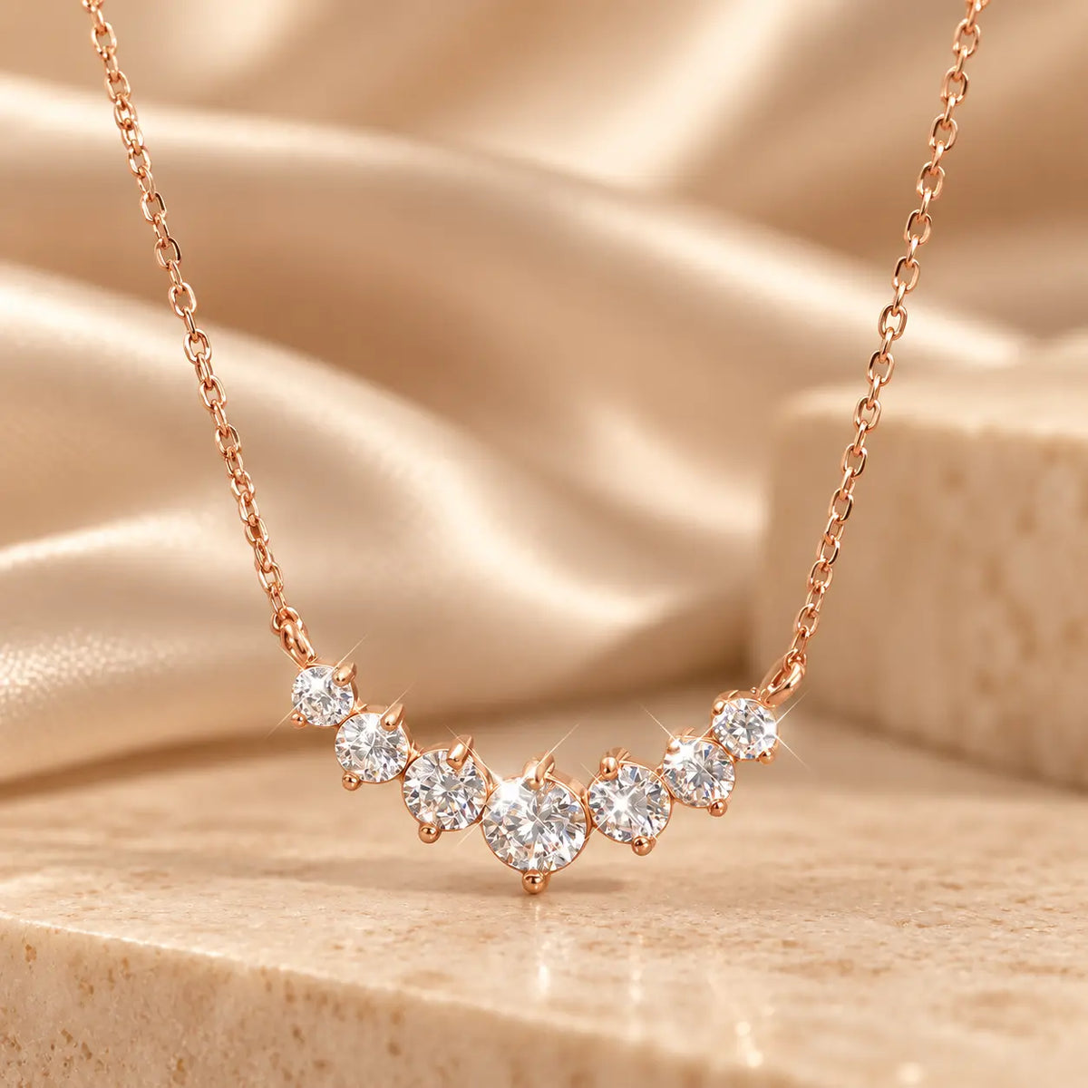 Rose gold tone graduated moissanite necklace with a brilliant center stone