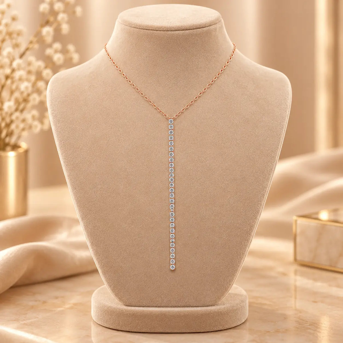 Rose gold tone moissanite drop necklace with a delicate vertical stone design