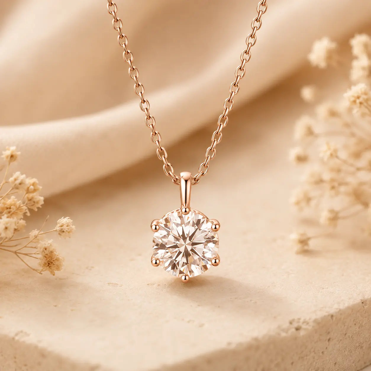 Rose gold round moissanite pendant necklace with a delicate chain