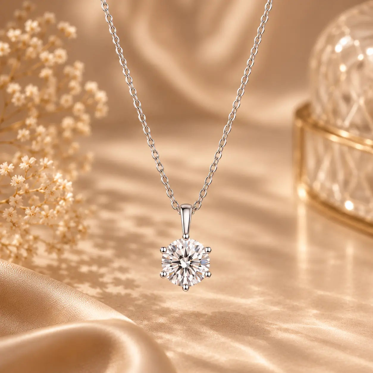 Round cut moissanite pendant necklace styled in an elegant warm beige setting