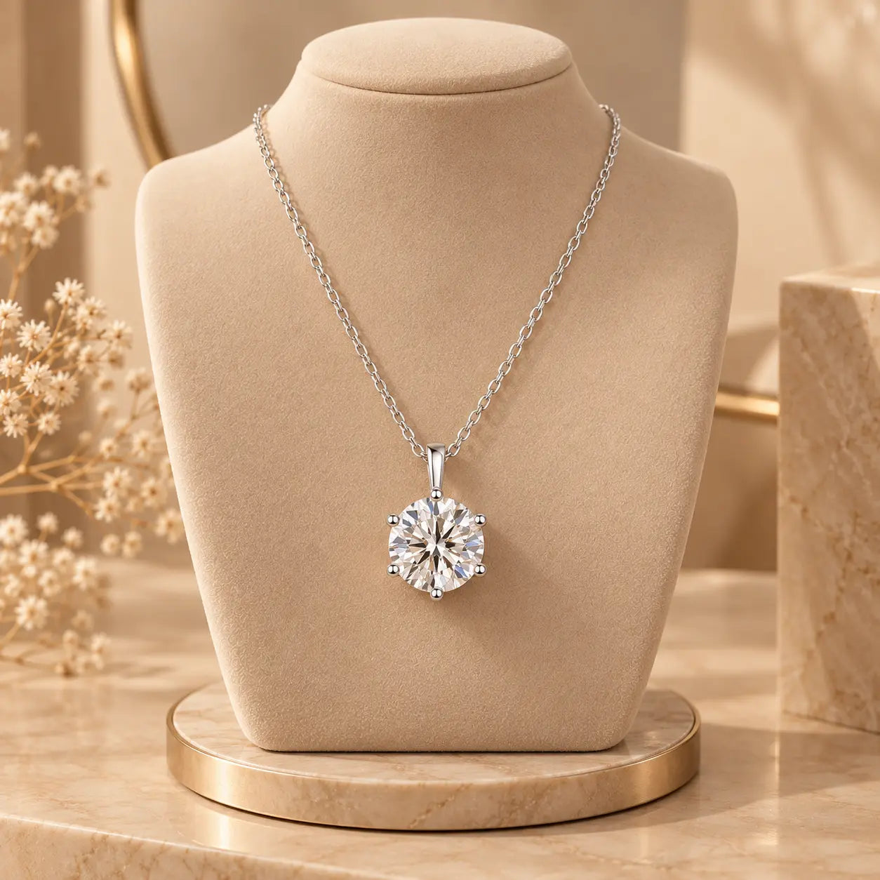 Round moissanite pendant necklace displayed on a soft beige jewelry stand