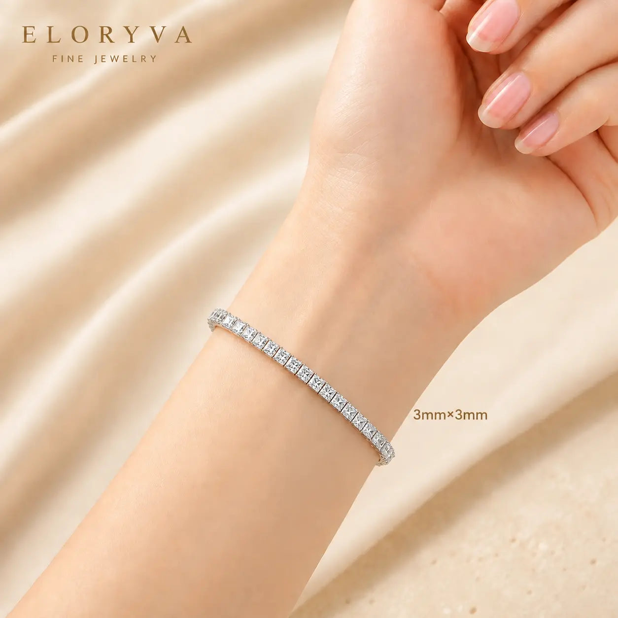 Woman wearing a classic 3mm round moissanite tennis bracelet for an elegant everyday jewelry look.
