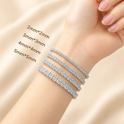 Round moissanite tennis bracelet width guide for women showing different stone sizes worn on the wrist.