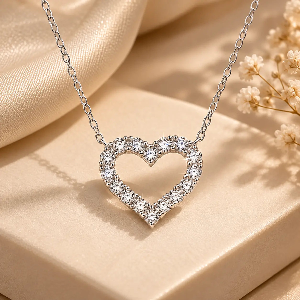 Silver tone heart moissanite pendant necklace styled on a soft beige jewelry display