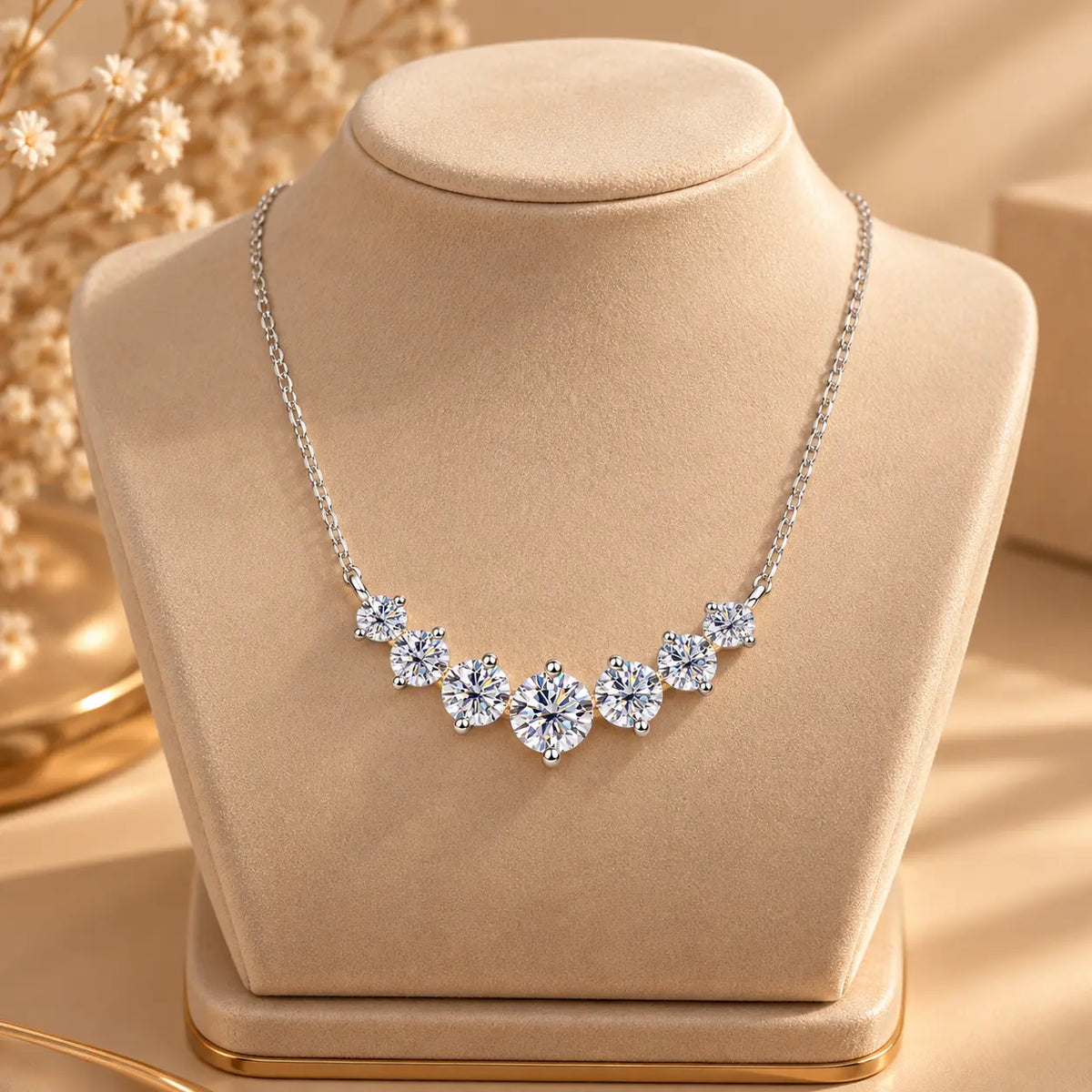 Silver tone moissanite statement necklace displayed on a soft beige jewelry bust
