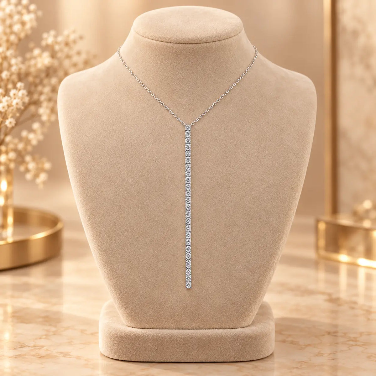 Silver tone moissanite Y necklace with a long vertical row of sparkling stones