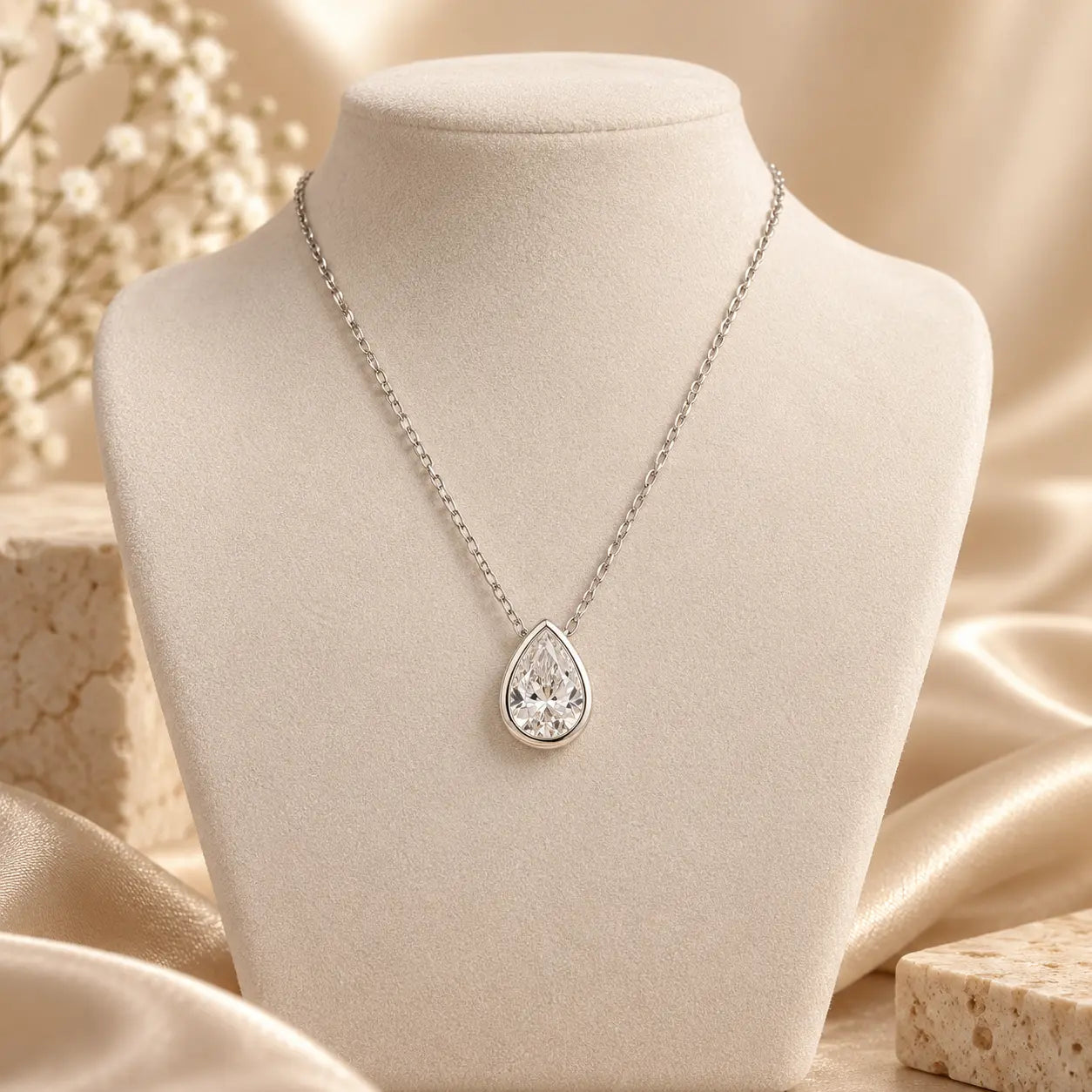 Silver tone pear cut moissanite pendant necklace displayed on a soft beige jewelry bust