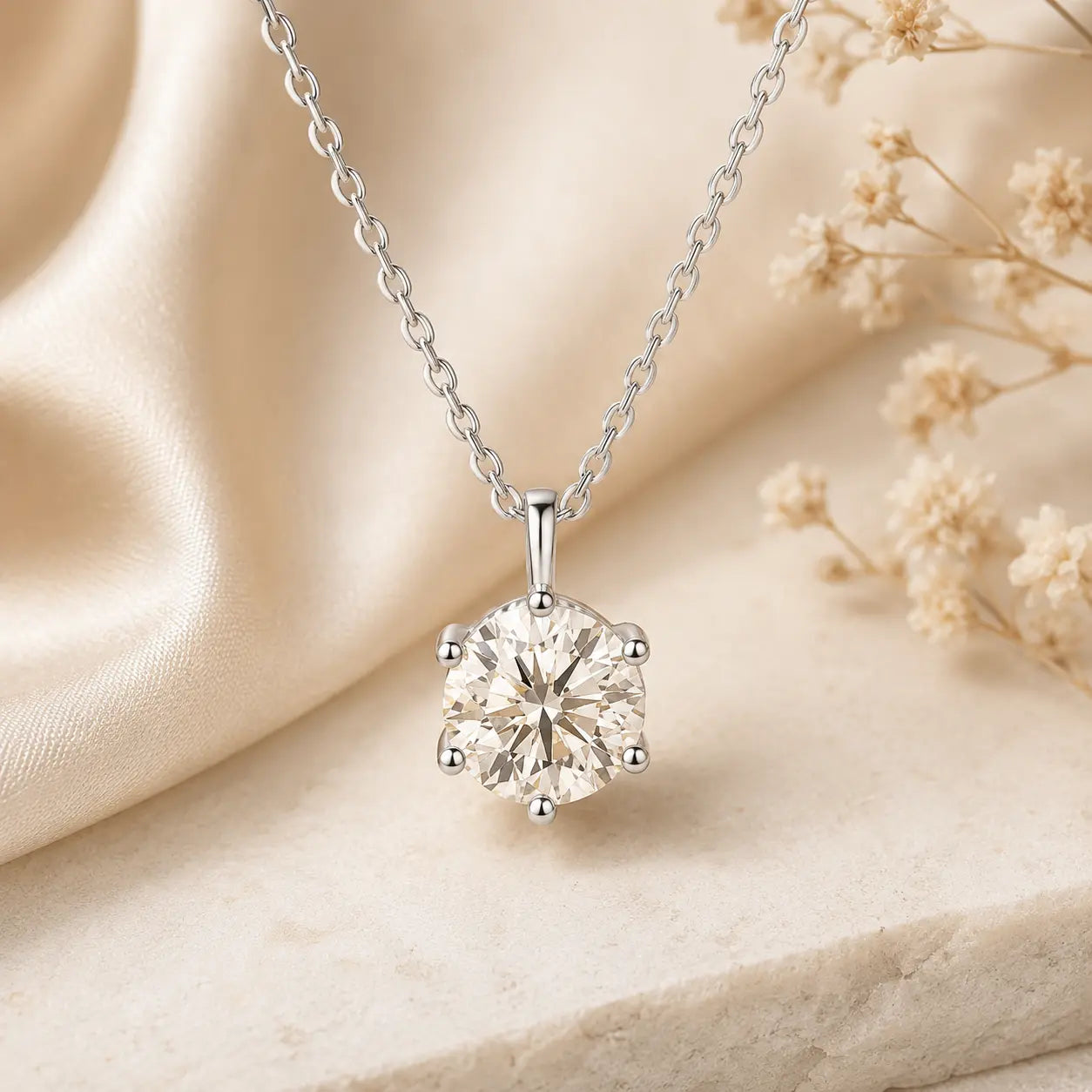 Silver tone round moissanite pendant necklace styled on a soft beige surface
