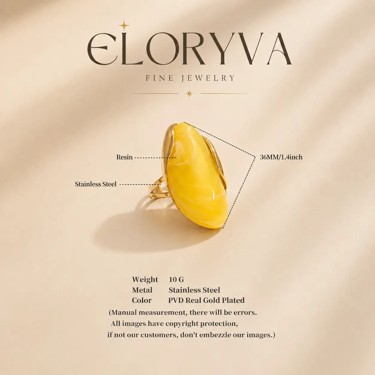 Solenne™ Color Resin Statement Ring for Women product details featuring resin, stainless steel and gold-tone finish.