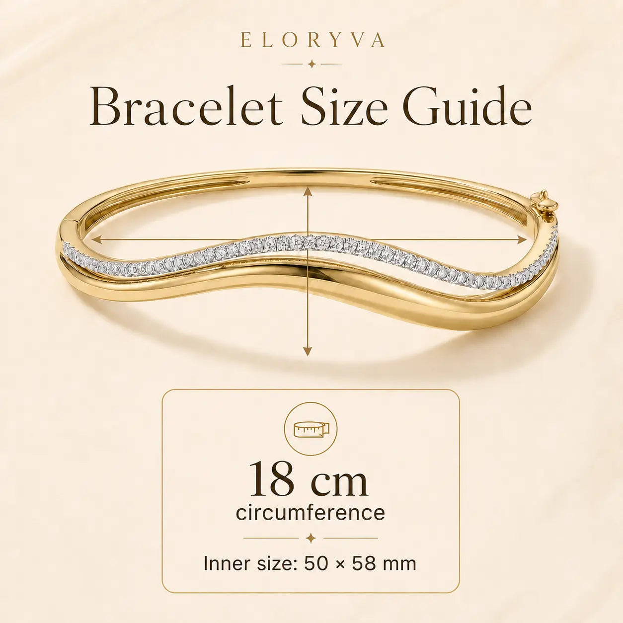 Eloryva wave moissanite bangle bracelet size guide showing an 18 cm circumference and inner dimensions.
